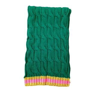 Auth Gucci Green Wool Cable Knit Scarf Pink Metallic Gold Knit Trim Ex+ Stole